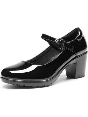Women's Black Pat Round Toe Low Chunky Buckle Mary Jane Arch Support Heels